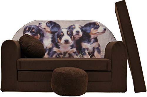 Pro Cosmo umwandelbares Kindersofa – perfekt zum Spielen und Schlafen – mit Abnehmbarer Matratze, Kissen und Pouf – 98x168x59 cm – leicht und einfach zusammenklappbar - K7 Braun - Welpen