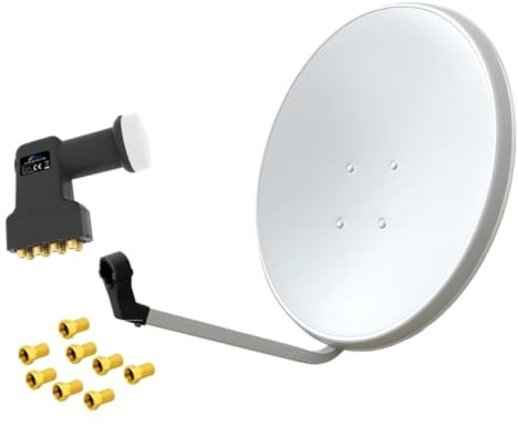ARLI 60cm HD Sat Anlage Octo LNB + 8 F - Stecker vergoldet breite Mutter und Dichtring Weiss UHD 4K lichtgrau 8 Teilnehmer Satellitenschüssel Satelliten Antenne 60 cm