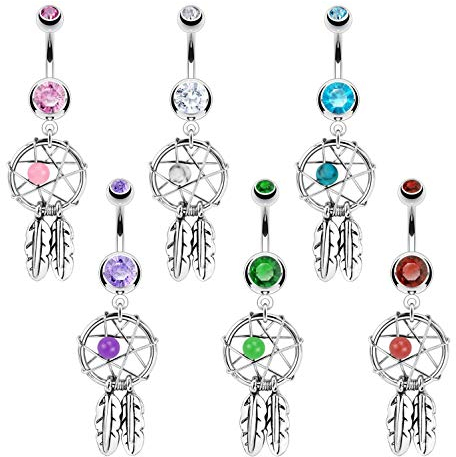 Paula & Fritz® Bauch-nabelpiercing Traumfänger Kugel Zirkonia Aqua Clear Grün Pink Rot Tanzanit Bananabell Bauch-Piercing Edelstahl Chirurgenstahl 316L NAL05159_6er