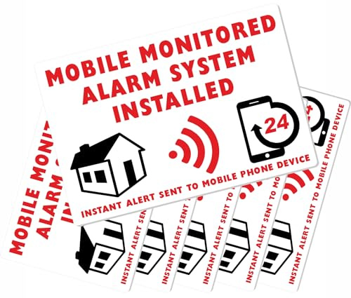 6 x Mobile Monitored Alarm System Installed Home Business Stickers Warning Signs EXTERNAL Application 24hr Security House Flat Property Self Adhesive Vinyl 130x87mm A3