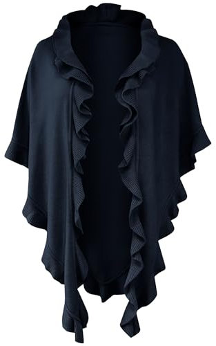 Poncho Cape Trachtentuch Umhang Stola Schultertuch Trachten-Tuch Damen Strickponcho Tracht Strick Trachtenponcho gestrickt Überwurf Volants Rüschen Schal Cashmink, Farbe:dunkelblau