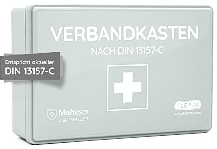 Verbandkasten C nach neuer DIN 13157:2021, mit Wandhalterung/Wandmontage, Betriebsverbandkasten/Erste-Hilfe-Kasten für Betriebe, Büro & Baustelle gemäß ASR, grau