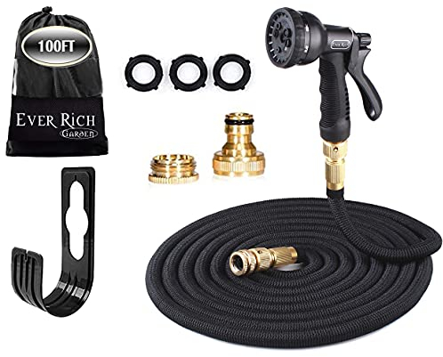 Ever Rich ® Black 100 Feet Newest Expandable Strongest Magic Hose Pipe with Brass Fittings & 8-pattern Spray Nozzle (BLACK HQ+HOLD)