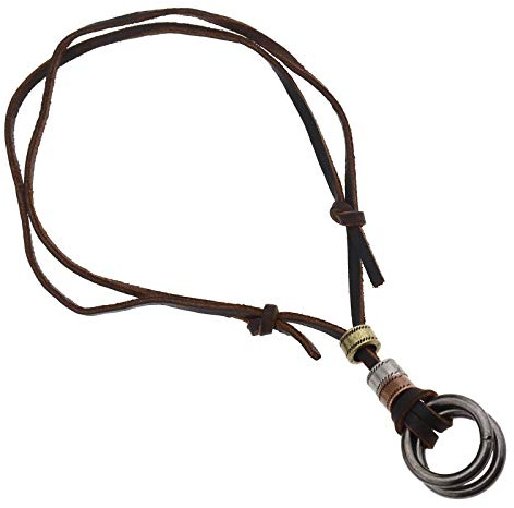 Create idea Collier en Cuir de Vache Brun Rétro Double Anneau Pendentif Colliers Cordon Réglable Ras du Cou pour Cadeaux Hommes