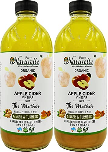 Farm Naturelle Organic Apple Cider Vinegar with Mother and Infused Ginger & Turmeric (500 ml) (Glass Bottle)