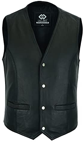 Gallanto Mens Soft Black Leather Waistcoat, Party Fashion Designer Vest Stylish Real Soft Sheepskin Leather Waistcoats Snap Button