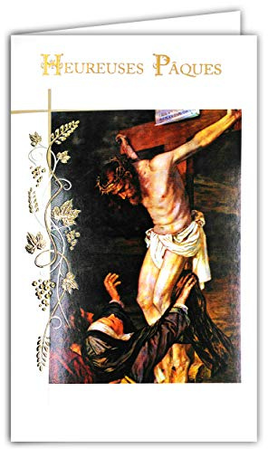 Afie 12-690 Glückliche Osterkarte in Gold glänzend mit weißem Umschlag – Jesus Christus kreuzt, Tod am Kreuz Weizen Brot Trauben Wein Weinrebe Katholische Party Frühling