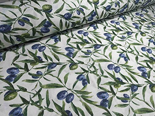 RIVERO Tejidos. Tejido de loneta con Estampado de Aceitunas con 280 cm. Se Vende por Metros. Ideal para la confección de Cortinas, manteles.