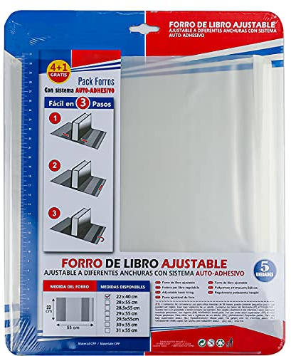 Forro Libros Autoadhesivo Transparente Ajustable, Pack de 5, 22x40 cm