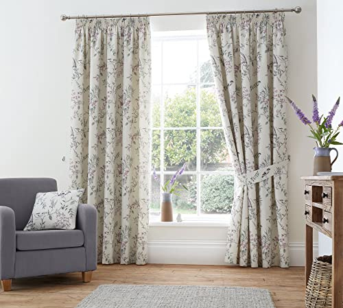 Dreams & Drapes Design - Jazmine - 100% Cotton, Fully Lined, Pencil Pleat Pair of Pencil Pleat Curtains With Tie-Backs - 66 Width x 72 Drop (168 x 183cm) in Heather