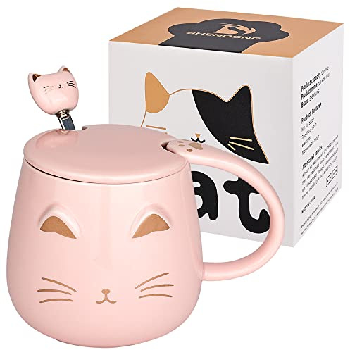 Rosa Katzenbecher Süße Kaffeetasse aus Keramik mit Kawaii-Deckel und schönem Edelstahllöffel Neuheit Morning Cup Kaffee-Milch-Tee-Becher- 3D-Tier Katzen-Tassen für Katzenliebhaber Frau Geschenke