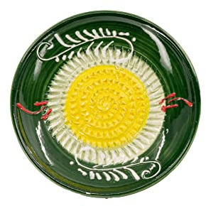 Kaladia - Plato rallador de cerámica/Rallador de cerámica - ideal para jengibre, parmesano, etc. - Motivo: amarillo y verde con decoración blanca - Diámetro: 12 cm - hecho a mano y pintado a mano