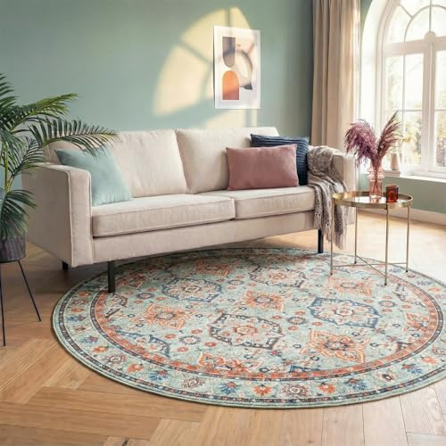 FRAAI | Home & Living Vintage Teppich Rund - Imagine Oriental Grün - Ø 160 cm - Baumwolle, Polyester - Flachgewebe - Vintage, Orientalisch - Wohnzimmer, Esszimmer, Schlafzimmer
