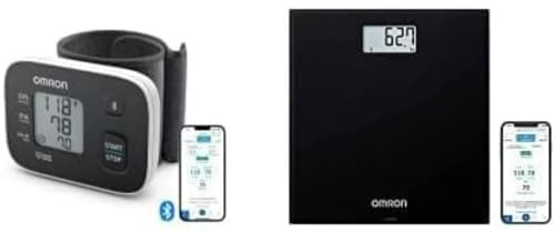OMRON RS3 Intelli IT tensiomètre au poignet, validè cliniquement + OMRON HN300T2 Intelli IT balance numérique compatible Bluetooth avec appli OMRON connect