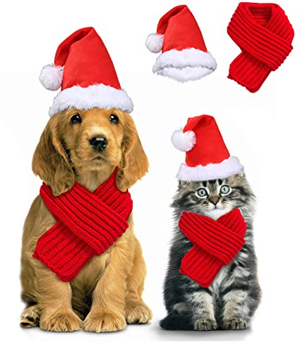 KATELUO 2 STK Haustier Weihnachtskostüme Set, Weihnachtsmütze Hunde Katzen Schal Weihnachten Katzenkostüm Hundekostüm, Plüsch Haustier Weihnachtsmütze Verstellbare für Mittlere und große Haustiere