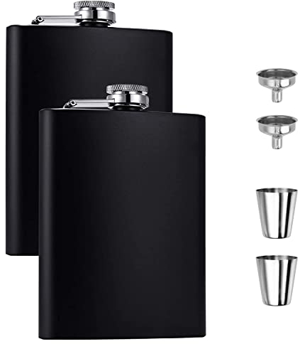 Hip Flask Set, Stainless Steel Flasks with 2 Small Cups and 2 Funnels, 8 oz, Matt Black, 2 Pieces