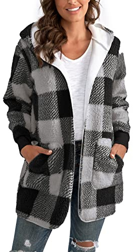 Yanekop Womens Fuzzy Fleece Jacket Oversized Cozy Lounge Sweater Cardigan Long Plus Size Cardigan Winter Coats Outerwear(A Black Grey,3XL)