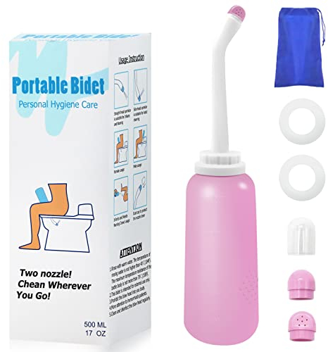 RUFCRIL Po Dusche, Peri Flasche, TPE-Material für 100 ℃ Widerstand 500 ml mit 2 Dichtringen, tragbares Reisebidet mit Tragetasche, Essentials für die postpartale Dammpflege(rosa)