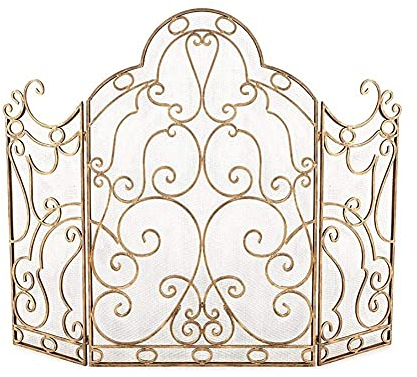 FLBT Kamin-Funkenschutz, goldenes Eisen-Kamingitter, Netz, Solider, babysicherer Zaun, Funkenschutzabdeckung mit Metallgitter, 3-teilig, kunstvoll geschmiedet Needed