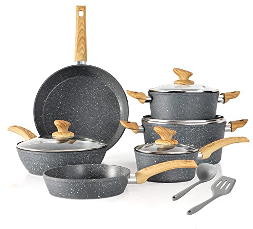Kitchen Academy Induction Cookware Sets - 12 Piece Cooking Pan Set, Gray Granite Nonstick Pots and Pans Set, Induction Hob Pans Set