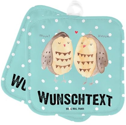 Mr. & Mrs. Panda Personalisierte Topflappen Eulen Liebe - Geschenke, Personalisiert, Eule, Set, Topfuntersetzer, Namensaufdruck, Personalisierter Ofenhandschuh, mit Namen, Paar, Wortspiel