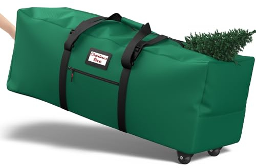 Kesfitt Christmas Tree Storage Bag, Rolling Xmas Tree Storage Box Fits Up to 9Ft Artificial Disassembled Christmas Tree, Extra Large Heavy Duty Tree Bags Storage with Wheels, Dual Zippers