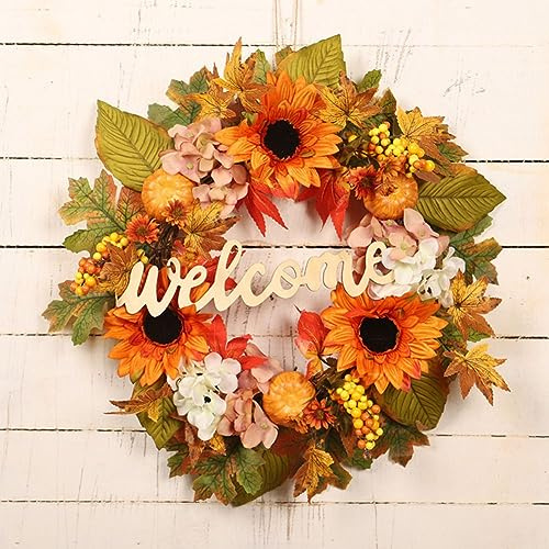 Bullpiano Herbstkranz, 45/50 cm, Thanksgiving-Kränze für Haustür, Herbsternte-Kranz mit künstlichen Blättern, Blumen, Kürbissen und Beeren, Thanksgiving-Dekorationen, Herbstdekorationen (B)