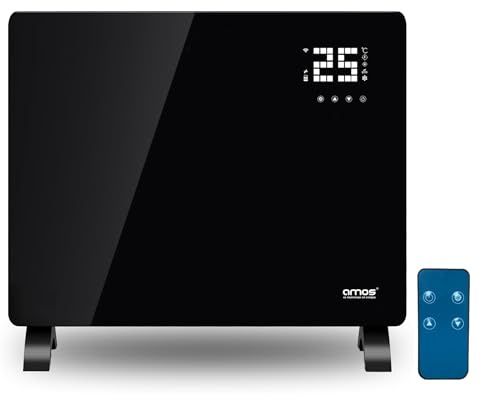 AMOS Electric Glass Panel Heater 1000W Smart WiFi Enabled, Digital Display, Timer & Thermostat Freestanding or Wall Mounted Black