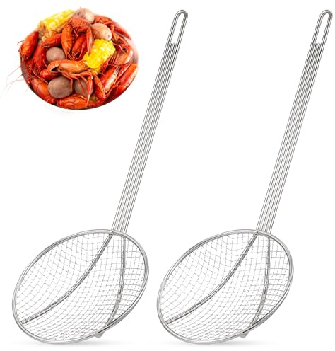 Baderke 2 Pcs 16 Inch Stainless Steel Skimmer Round Plated Wire Strainer Fryer Spoon Mesh Stirring with Long Handle for Kitchen Fried Food Cooking Straining Frying