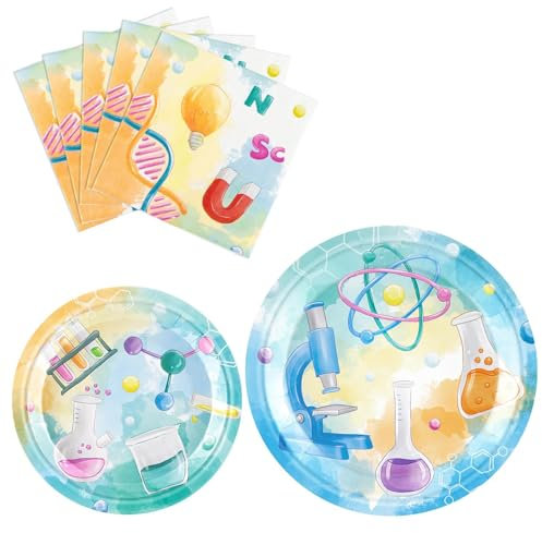 WERNNSAI Set di articoli per feste scientifiche, 48 pezzi, set da tavola per feste a tema scienziato, piatti da dessert, tovaglioli, chimica, decorazioni per feste di compleanno, per 16 ospiti, feste
