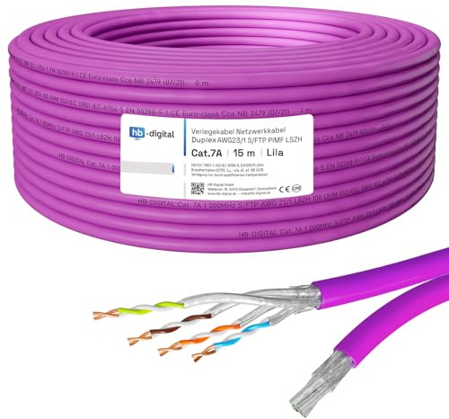 HB-DIGITAL 15m Netzwerkkabel LAN Duplex Verlegekabel Cabel cat.7a max. 1200MHz Reines Kupfer S/FTP PIMF LSZH Halogenfrei RoHS-Compliant AWG23 (2 verbundene Strängen) Lila
