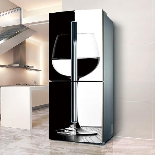 Fridge Wraps Kitchen Fridge Stickers Cover Full Doors, Fridge Sticker Full Covering Door Fridge Covers Skins wall Stickers for Kitchen Decal, Black and White Wine Glass