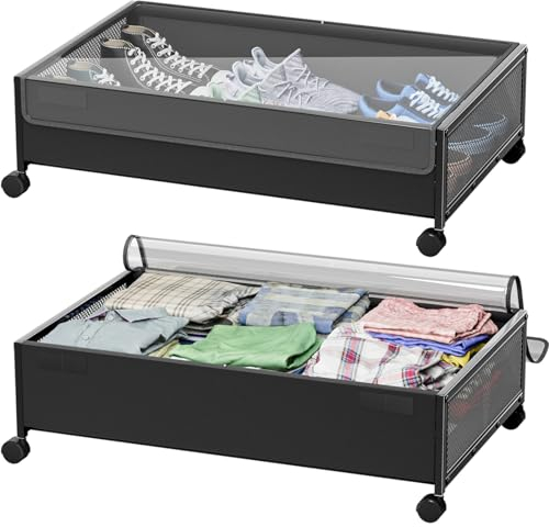 HYEIXZ Under Bed Storage with Wheels - 2 Pack UnderBed Organiser Bag Rolling Metal Frame Clear Home Bedroom Wardrobe Storage Bin for Clothes Shoes Toys Blankets Black