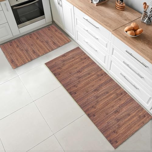 CosìCasa Set 2 Pezzi Tappeto Bamboo Cucina Eco-Sostenibile | Tappeto Cucina Antiscivolo Lavabile Ideale Come Passatoia Cucina o Tappeto Ingresso Interno: 50X75 + 50X120, Marrone