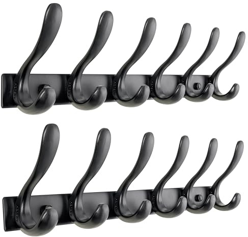 Honsky Garderobenleiste Metall 44 cm mit 6 Doppelhaken,Schwarz,2er Set | Garderobenhaken Wand, 12 Aufhängepunkte, rostgeschützt, Wandgarderobe Flur/Diele, verdeckte Montage, 20 kg Traglast