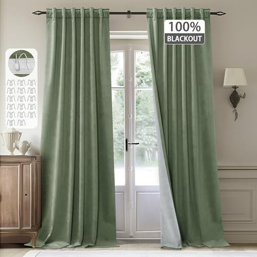 StangH Blackout Green Curtains for Living Room Sage Green Super Soft Velvet Thermal Insulated Sliding Door Drapes Back Tab Hook Belt Thick Panels for Bedroom, W52 x L90, 2 Panels