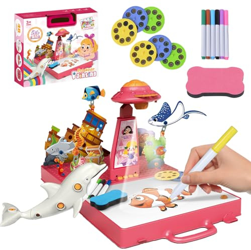 Projecteur de dessin pour enfants de 3 à 8 ans, projection et dessin 3 en 1 pour filles et garçons, avec 48 motifs, papier, crayons de couleur, tableau à colorier, rose
