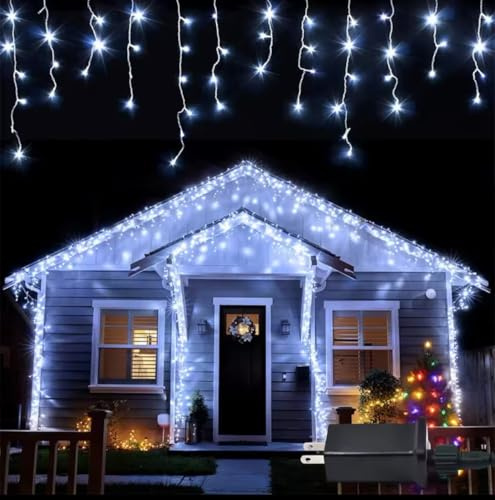 Partenopea Tenda luminosa esterno natalizia luci a 256 led da balcone decorazioni di Natale feste eventi bassa tensione 31V gioco flash bianco (Luce bianca fissa + fredda flash, 6 metri)