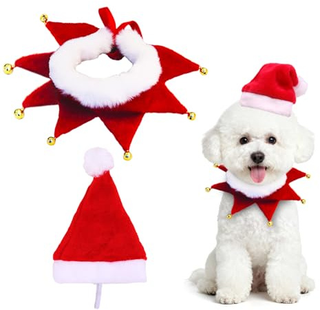 Dmnnlp 2 Stück Weihnachten Hundekostüm, Niedlich Weihnachtskostüm Hund, GrößEnverstellbare Hund Weihnachtsmütze und Hundehalsband, Weihnachtskostüm Zubehör Set für Haustier