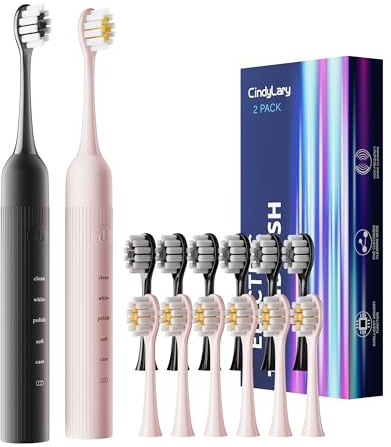 CindyLary 2 Pack Electric Toothbrush Set, Comes with 12 Brush Heads & 2 Electric Toothbrush,5 Modes with 2 Minutes Built in Smart Timer, One Charge for 60 Days, 38000 VPM Motor,Black and Pink.