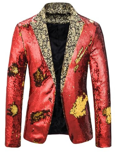 SANSIWU Herren-Blazer mit Pailletten, glänzend, lange Ärmel, Revers, Disco, Metallic, Smoking, Party, Abschlussball, Anzug, Jacke, modischer Glitzer, Smoking für Hochzeitsbankett, rot, L