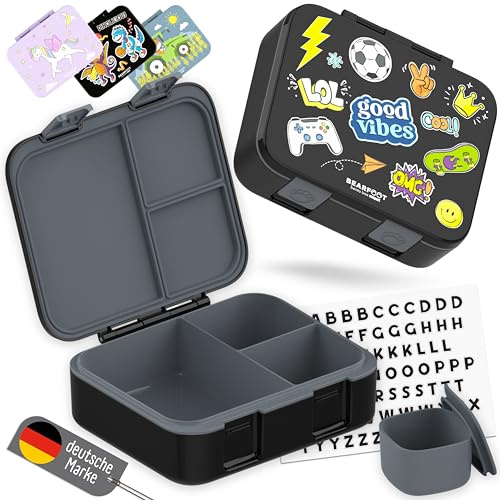 BEARFOOT – Kompakt Lunchlåda för Barn, Bento Lunch Box Utan BPA, Skollunchbox med Fack, Lätt och Lufttät för Pojkar och Flickor (Svart Sticker, 1.000 ml)