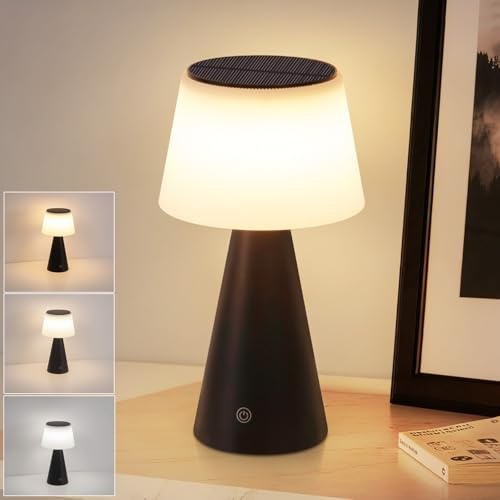 LED Tischlampe Solar Tischleuchte Akku Kabellos Tischleuchte Touch Dimmbar | 3000K - 5000K Schwarz Nachttischlampe mit USB-C 3600mAH Aufladbar für Wohnzimmer Schlafzimmer Outdoor