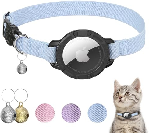 AirTag Cat Collar, Stretchy Collar with Apple Air Tag Holder and Bell | Breakaway Design Ultra Elastic GPS Tracking Cat Collar for Cats and Puppies (Blue)