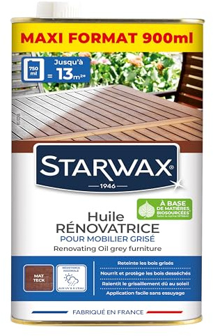 STARWAX - Renovating Oil for grayed Wooden Garden Furniture - Re-Stains - Nourishes and Protects Dried-Out Wood - Slows Down graying - Matt Teak Color - Maxi Format 900ml = 13m²