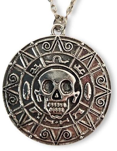 Collar medallón pirata con calavera - Caribe - Color plata - diámetro 3,5 cm cadena 55 cm metal, XL, Metal, No es una piedra preciosa