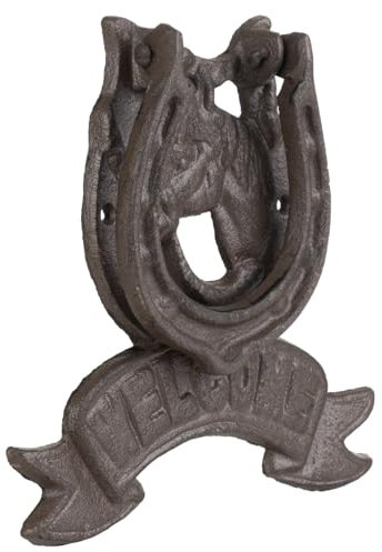 Gusseiserner Türklopfer Pferdekopf Hufeisen Motiv mit Welcome Schriftzug - Antik-Stil Deko für Haustür, Stall, Garten, Eingang - wetterfest & nostalgisch - 16,5x16cm