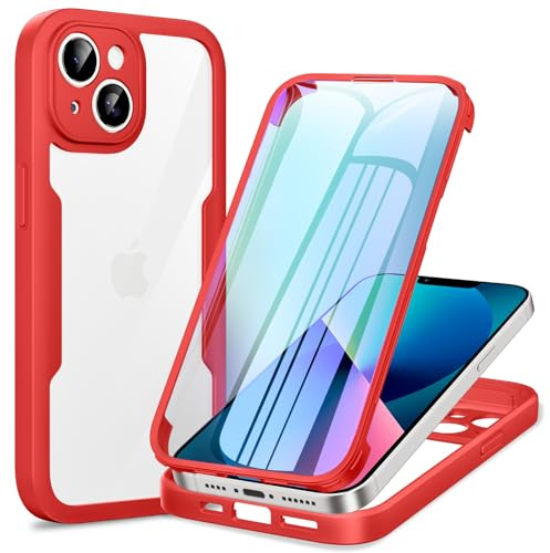 Phoona Funda para iPhone 13 Mini con Protector de Pantalla Transparente, 360 ​​Grados Carcasa Cuerpo Completo Protector Silicona Antigolpes, Funda Antiarañazos para iPhone 13 Mini, Rojo