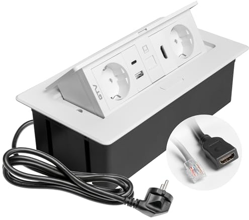 GTV – Inbyggt uttag MULTISOFT vit med 2 x Schuko, USB A+C, RJ45, HDMI 2.0, lock, infällbar, 1,5 m kabel, för skrivbord, konferensbord, kök eller hemmakontor