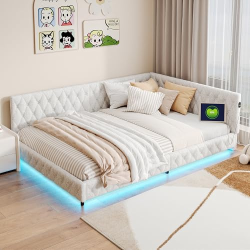 Polsterbett Schlafsofa 140x200 cm, Tagesbett Schlafcouch Mit LED Und USB Anschluss, Bettgestell Mit Lattenrost, Multifunktionsbett Schlafcouch Jugendbett Kinderbett, Ohne Matratze (Beige, 140x200cm)